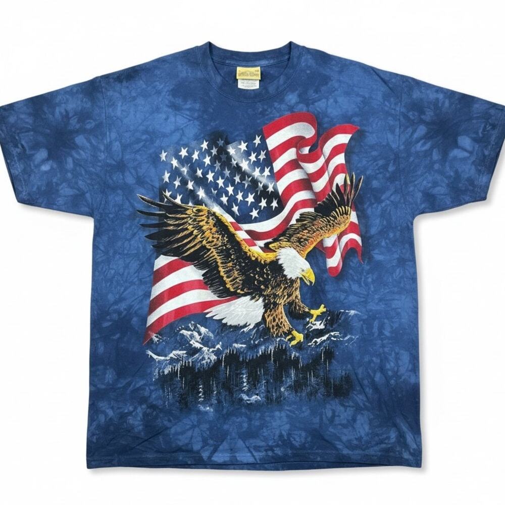 Vintage The Mountain Shirt Mens XL American Flag Bald Eagle Acid Wash Blue Crew